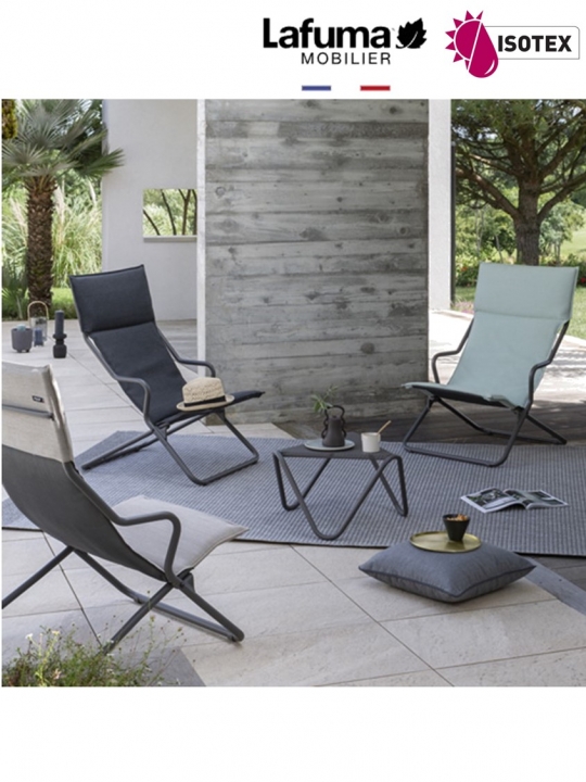 Lounger terrasse et bord de piscine Lafuma Mobilier Ancône Gordes Hedona - Toile coloris latte et tube coloris titane
