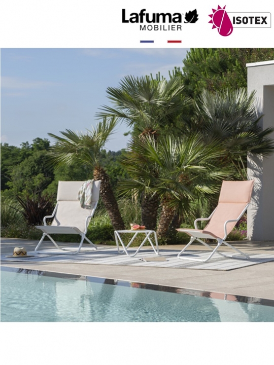 Lounger terrasse et bord de piscine Lafuma Mobilier Ancône Opale Hedona - Toile coloris bleu céladon et tube coloris kaolin