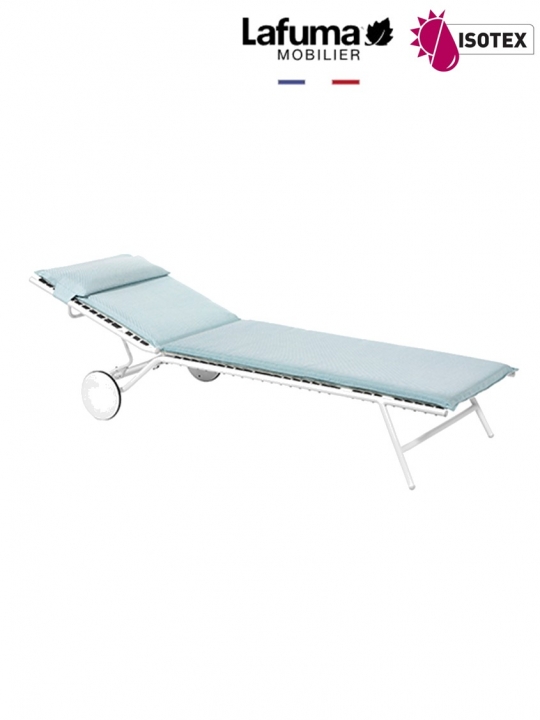 Bayanne bain de soleil terrasse et bord de piscine Lafuma Mobilier Opale Hedona - Toile coloris bleu céladon et Structure coloris kaolin