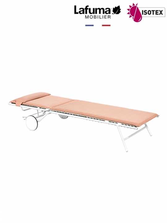 Bayanne bain de soleil terrasse et bord de piscine Lafuma Mobilier Opale Hedona - Toile coloris orange ocre et Structure coloris kaolin