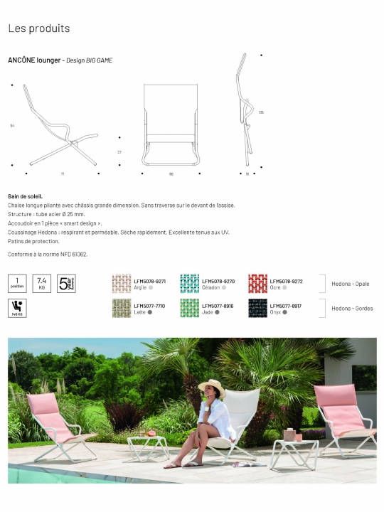 Lounger terrasse et bord de piscine Lafuma Mobilier Ancône Gordes Hedona - Toile coloris latte et tube coloris titane