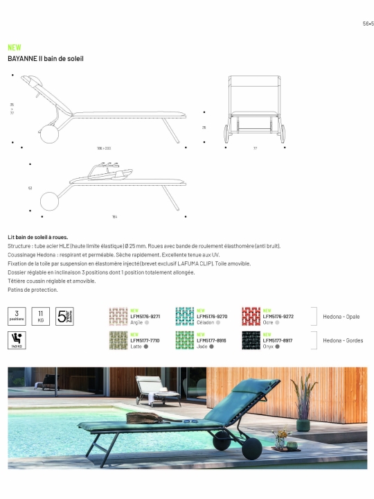 Bayanne bain de soleil terrasse et bord de piscine Lafuma Mobilier Gordes Hedona - Toile coloris jade et Structure coloris titane